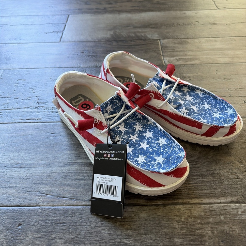 HEY DUDE Womens WENDY PATRIOTIC STAR SPANGLED SIZE 6 US Flag Slip On Shoes